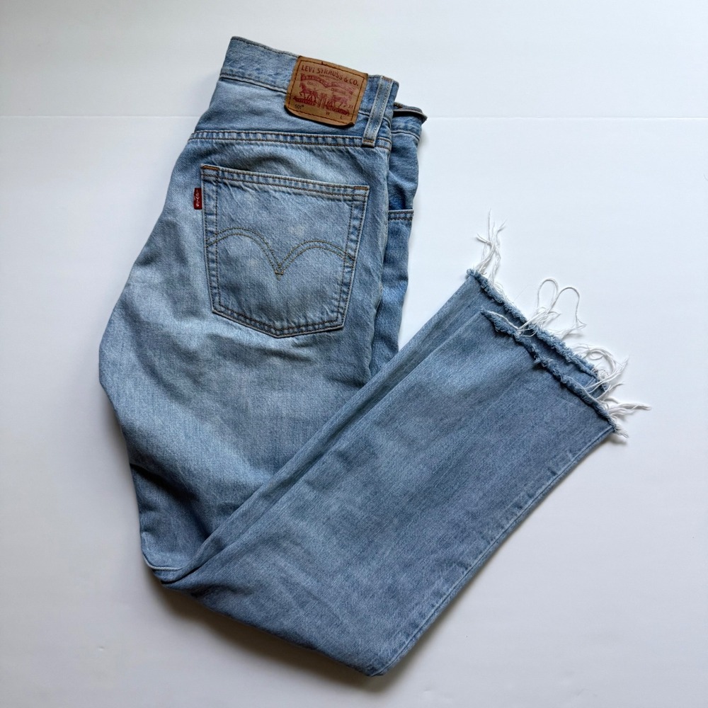 Classic Levi 501 light wash distressed jeans , frayed cropped raw hem, size 27